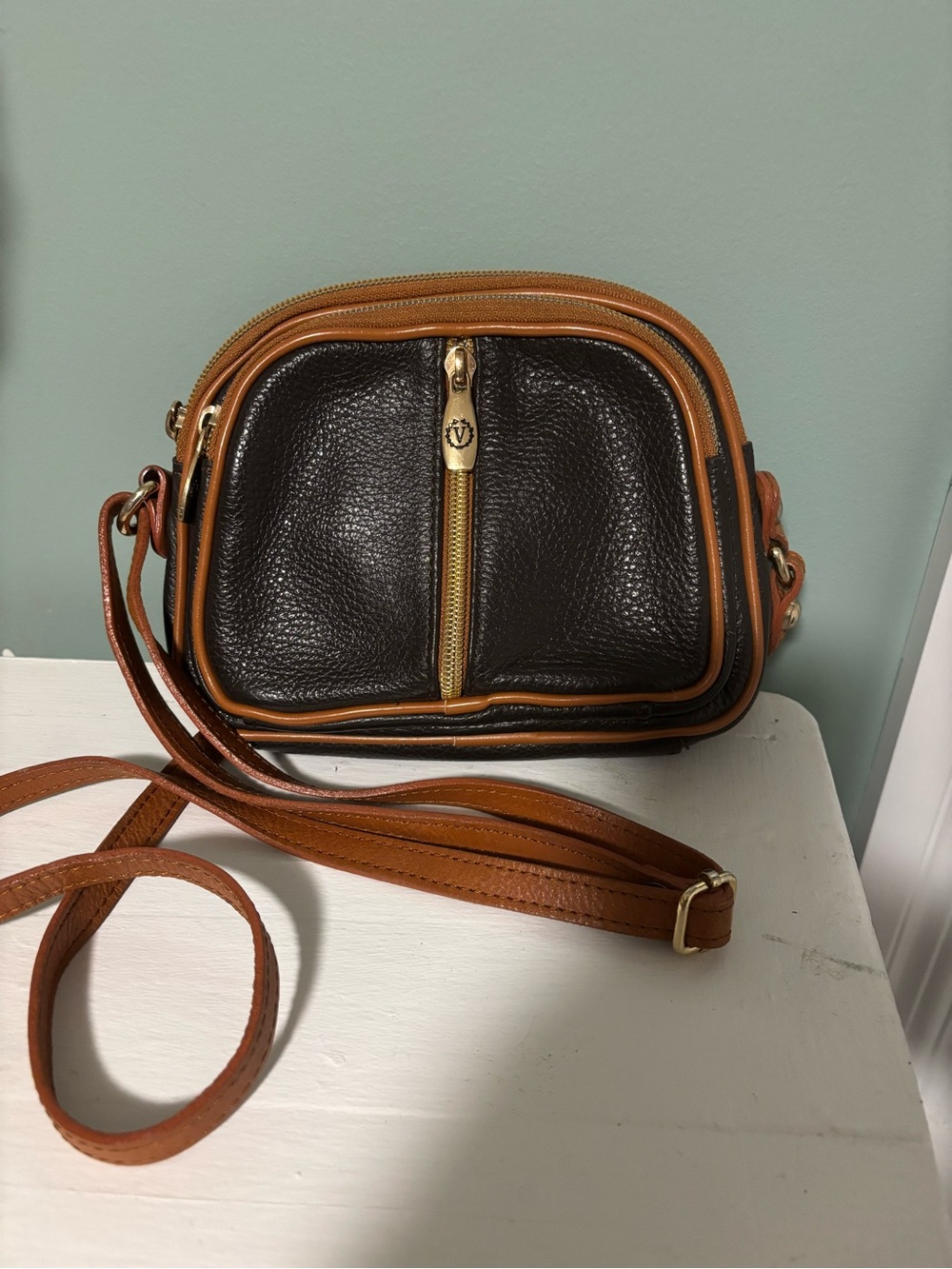 Valentina Leather Crossbody Bag in Dark Brown and Tan